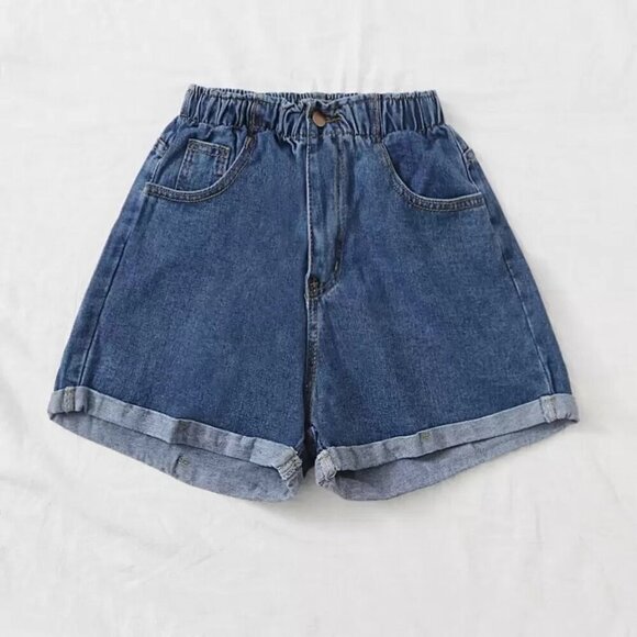 2/$24 SHEIN EZwear Washed Turn Up Hem Denim Shorts High Rise Navy Wash XL #8950 - Picture 1 of 10